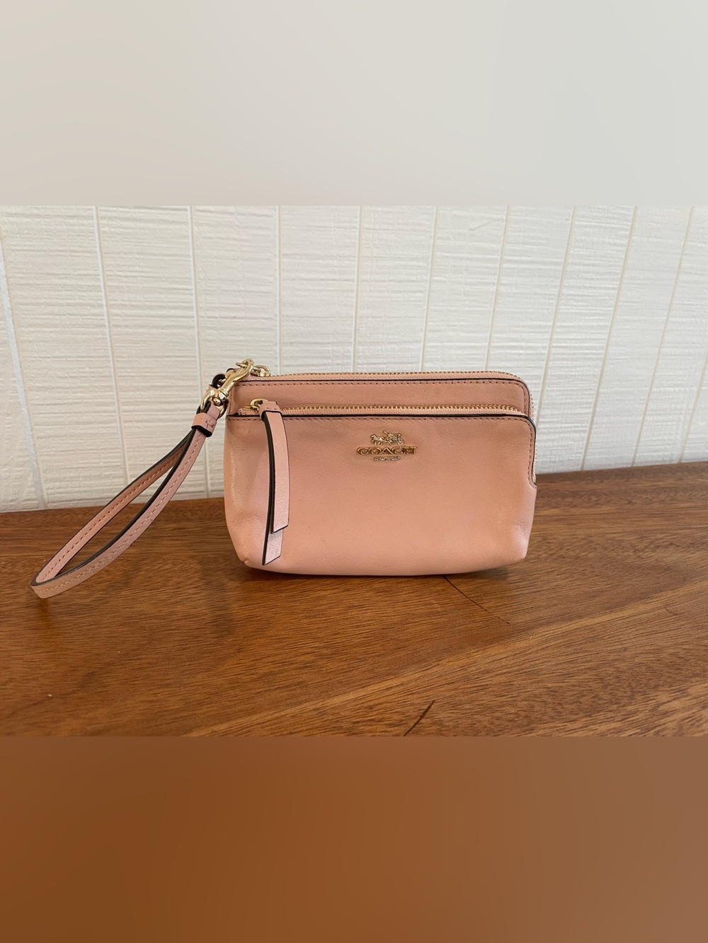 Y2K Coach Blush Pink Double Zip Leather Wristlet with Gold Hardware